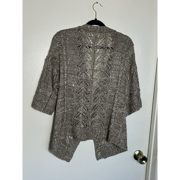 Daytrip Sequin Crochet Knit Cardigan Sweater XL Taupe Open Weave Boho Metallic - Picture 7 of 8